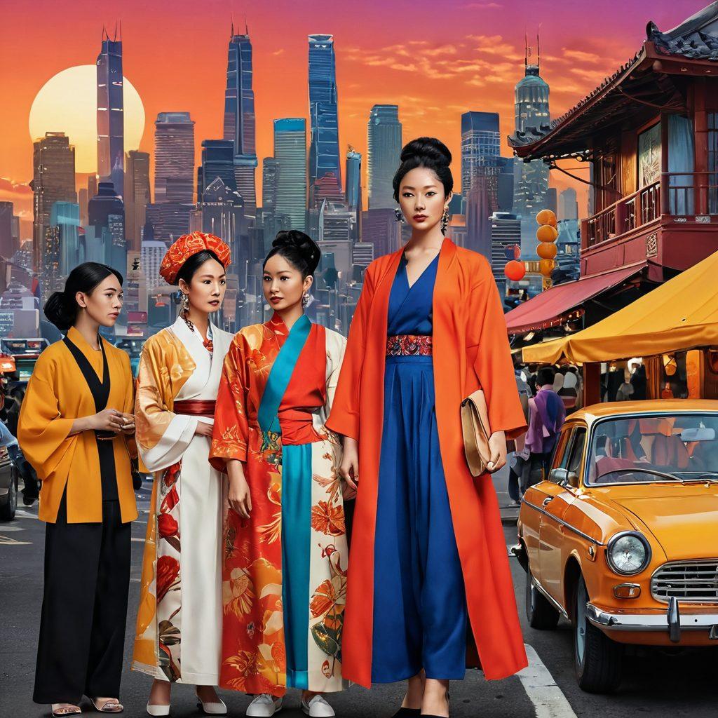 A captivating collage featuring iconic Asian cultural elements, such as traditional clothing, street food, and modern urban life. Integrate symbols of intrigue like shadows and question marks to represent scandals, set against a vibrant city skyline at sunset. Include elements showcasing fashion trends and popular lifestyle icons. super-realistic. vibrant colors. dynamic composition.