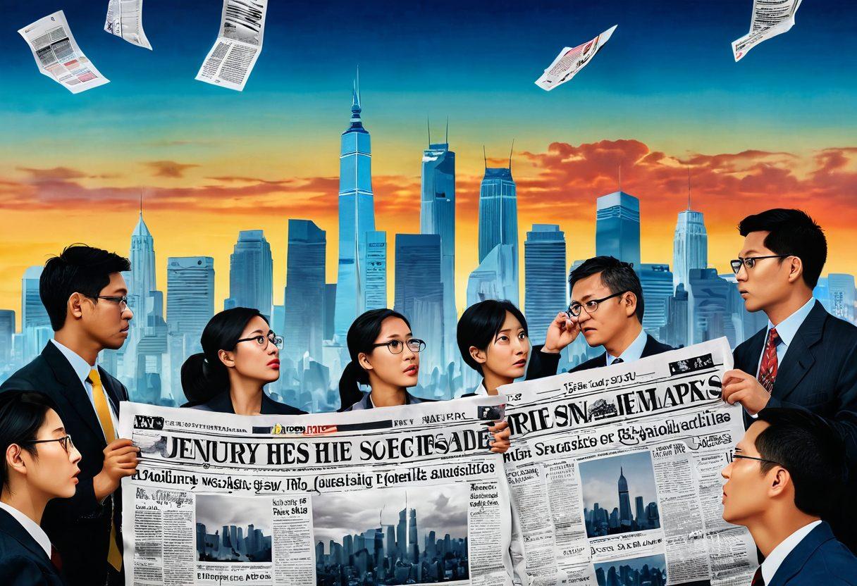 A dramatic scene showcasing a bustling Asian city skyline with newspaper headlines floating in the air, highlighting various scandals. In the foreground, a diverse group of people engaged in discussions, reflecting surprise and contemplation. Include symbolic elements like question marks and magnifying glasses to represent inquiry. Vibrant colors for a lively atmosphere. super-realistic. dynamic composition.